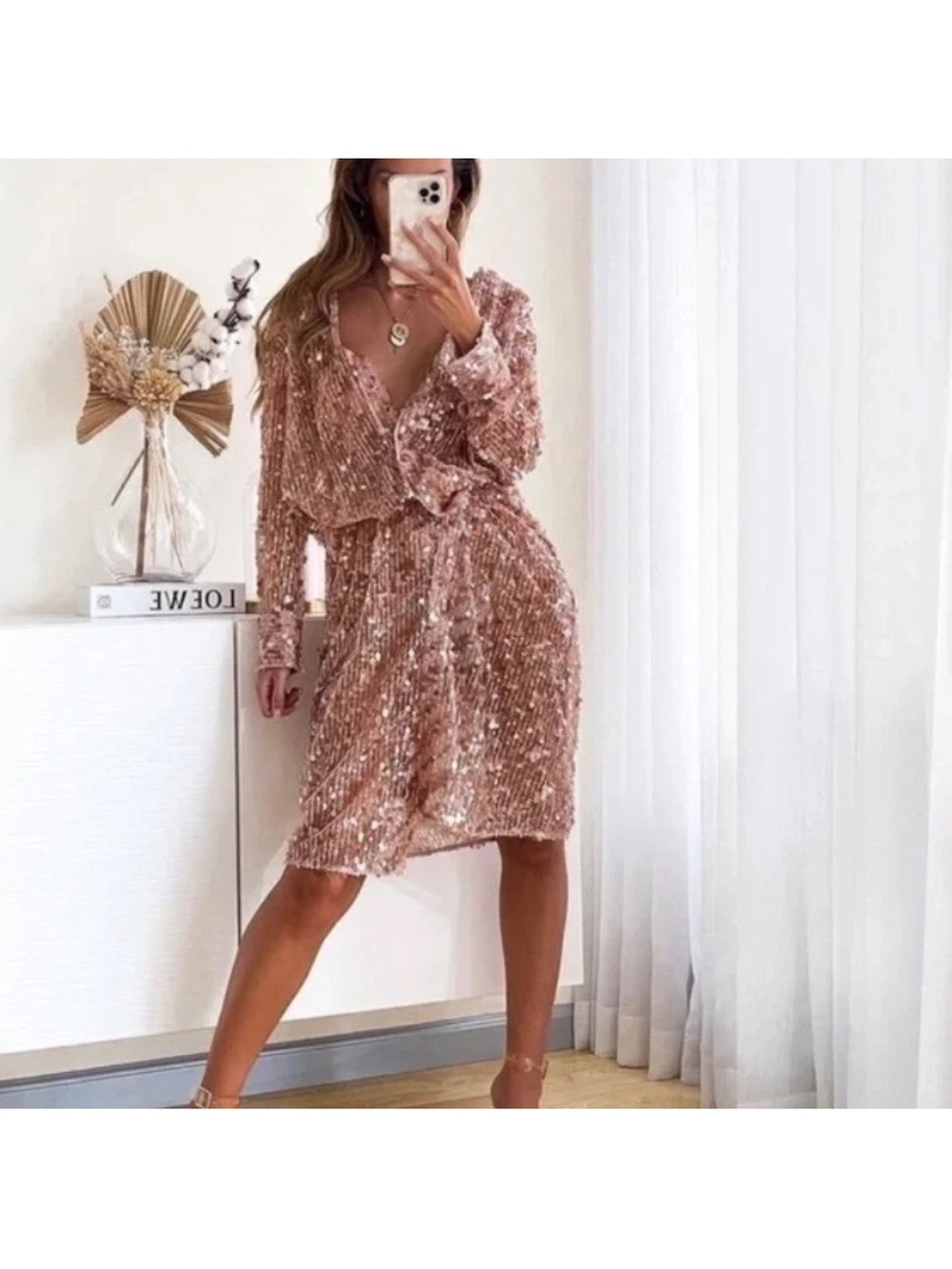 Zara Rose Gold Sequin Midi Dress - Picture 2 of 4